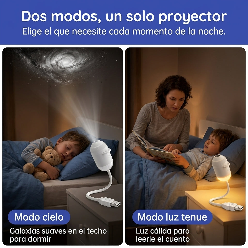 Luz nocturna con galaxias en el techo